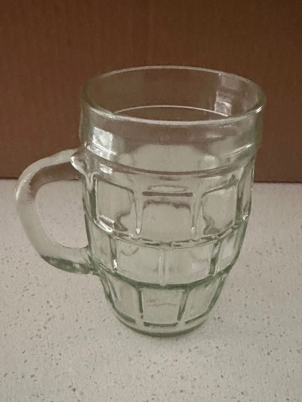 Glass Mug Barrel Shape Block Pattern Mug 4.25" 7oz Marked 23
